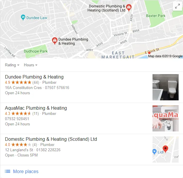 Screenshot of google local map pack